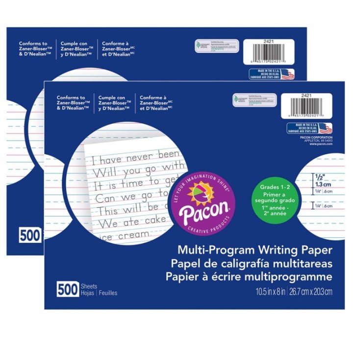 Pacon® Multi-Program Handwriting Paper, 1/2" Ruled (Long Way), White, 10-1/2" x 8", 500 Sheets Per Pack, 2 Packs