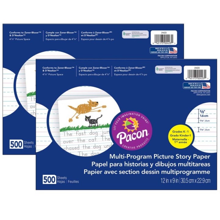 Pacon® Multi-Program Picture Story Paper, 5/8" Ruled, White, 12" x 9", 500 Sheets Per Pack, 2 Packs