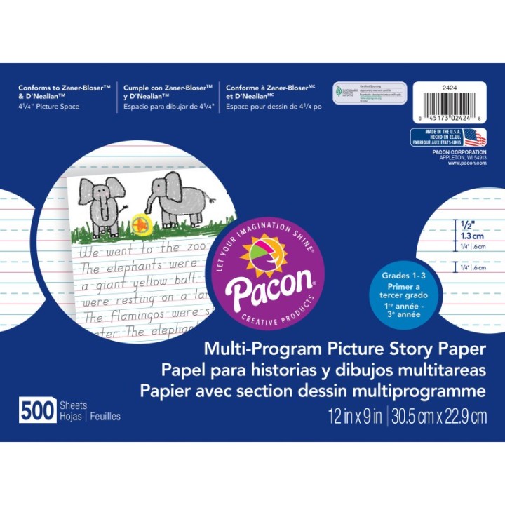 Pacon® Multi-Program Picture Story Paper, 1/2" Ruled, White, 12" x 9", 500 Sheets