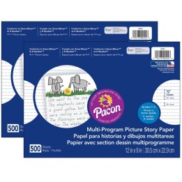 Pacon® Multi-Program Picture Story Paper, 1/2" Ruled, White, 12" x 9", 500 Sheets Per Pack, 2 Packs