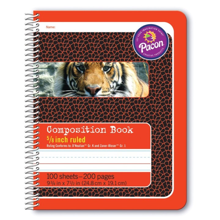Pacon® Primary Composition Book, Spiral Bound, D'Nealian/Zaner-Bloser, 5/8" x 5/16" x 5/16" Ruled, 9-3/4" x 7-1/2", 100 Sheets