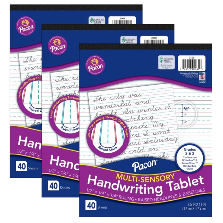 Pacon® Multi-Sensory Raised Ruled Tablet, Tape-Bound Tablet, 1/2" x 1/4" x 1/4" Ruled Short, 8-1/2" x 11", 40 Sheets, Pack of 3