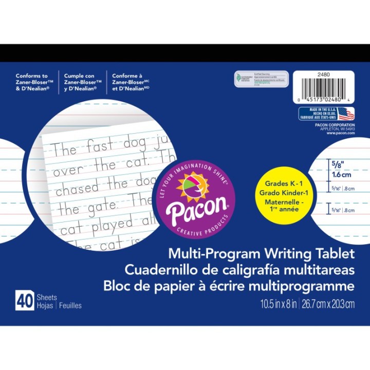 Pacon® Multi-Program Handwriting Tablet, D'Nealian/Zaner-Bloser, 5/8" x 5/16" x 5/16" Ruled Long, 10-1/2" x 8", 40 Sheets