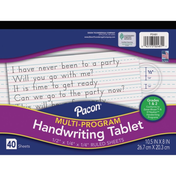Pacon® Multi-Program Handwriting Tablet, D'Nealian/Zaner-Bloser, 1/2" x 1/4" x 1/4" Ruled Long, 10-1/2" x 8", 40 Sheets