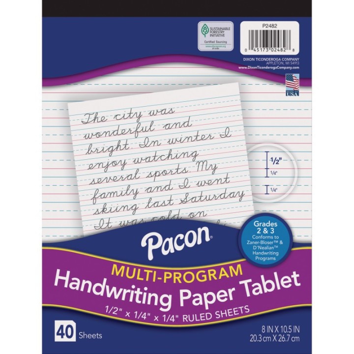 Pacon® Multi-Program Handwriting Tablet, D'Nealian/Zaner-Bloser, 1/2" x 1/4" x 1/4" Ruled Short, 8" x 10-1/2", 40 Sheets