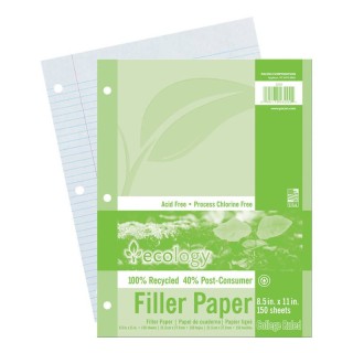 Ecology® Recycled Filler Paper, White, 3-Hole Punched, 9/32" Ruled w/ Margin 8-1/2" x 11", 150 Sheets