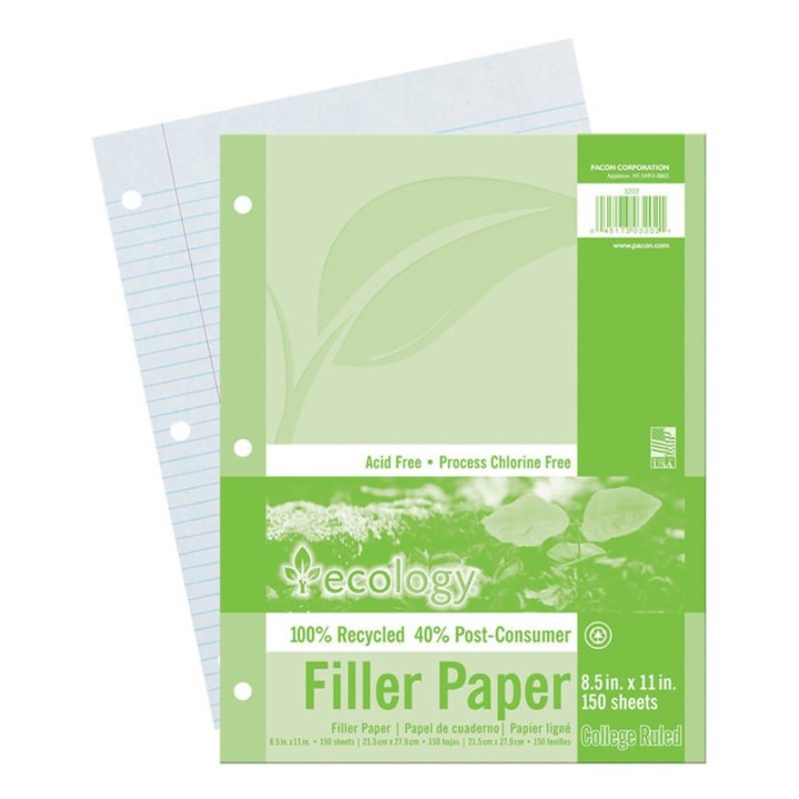 Ecology® Recycled Filler Paper, White, 3-Hole Punched, 9/32" Ruled w/ Margin 8-1/2" x 11", 150 Sheets