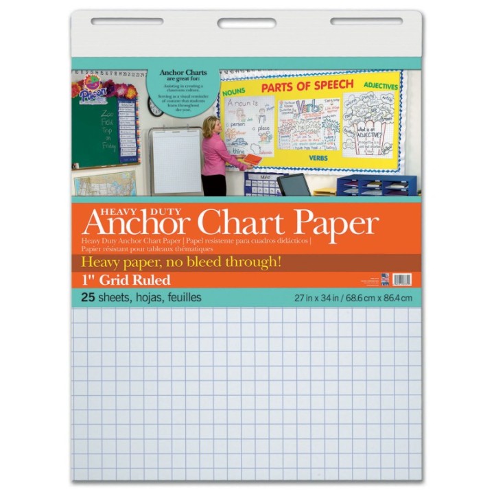 Pacon® Heavy Duty Anchor Chart Paper, Non-Adhesive, White, 1" Grid Ruled 27" x 34", 25 Sheets