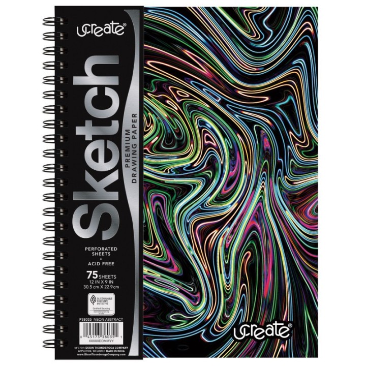 UCreate® Fashion Poly Sketch Book, 9" x 12", 75 Sheets, Neon Abstract Design