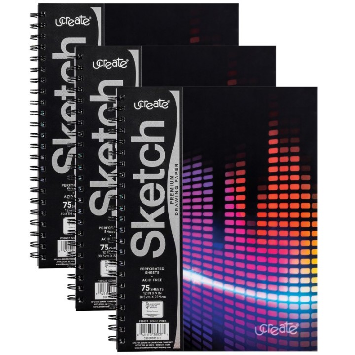 UCreate® Fashion Poly Sketch Book, Sonic Vibes, Unruled, 12" x 9", Pack of 3