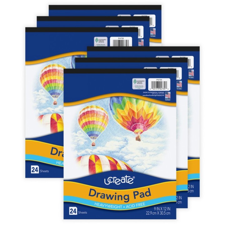 UCreate® Drawing Paper Pad, Heavyweight, 9" x 12", 24 Sheets Per Pad, Pack of 6