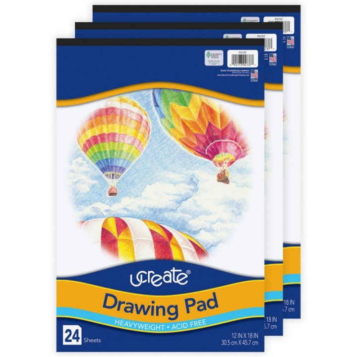 UCreate® Drawing Paper Pad, Heavyweight, 12" x 18", 24 Sheets, Pack of 3