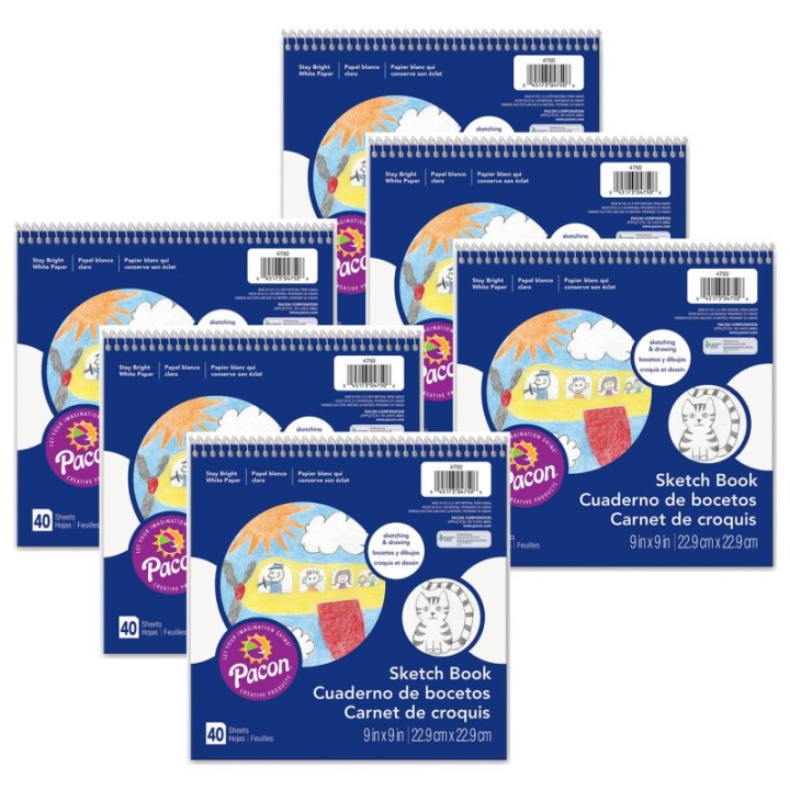 Prang® Sketch Book, White, 9" x 9", 40 Sheets, Pack of 6