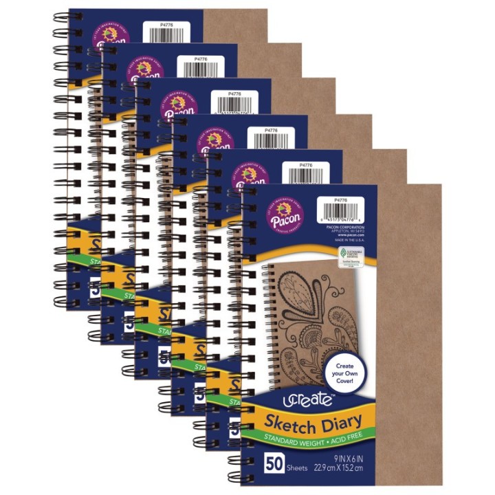 UCreate® Create Your Own Cover Sketch Diary, Natural Chip Cover, 9" x 6", 50 Sheets, Pack of 6