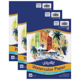 UCreate® Watercolor Paper, White, 90lb., 9" x 12", 50 Sheets Per Pack, 3 Packs