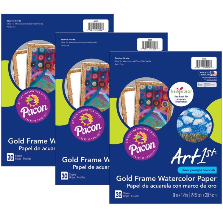UCreate® Watercolor Paper, Gold Frame, 9" x 12", 30 Sheets Per Pack, 3 Packs