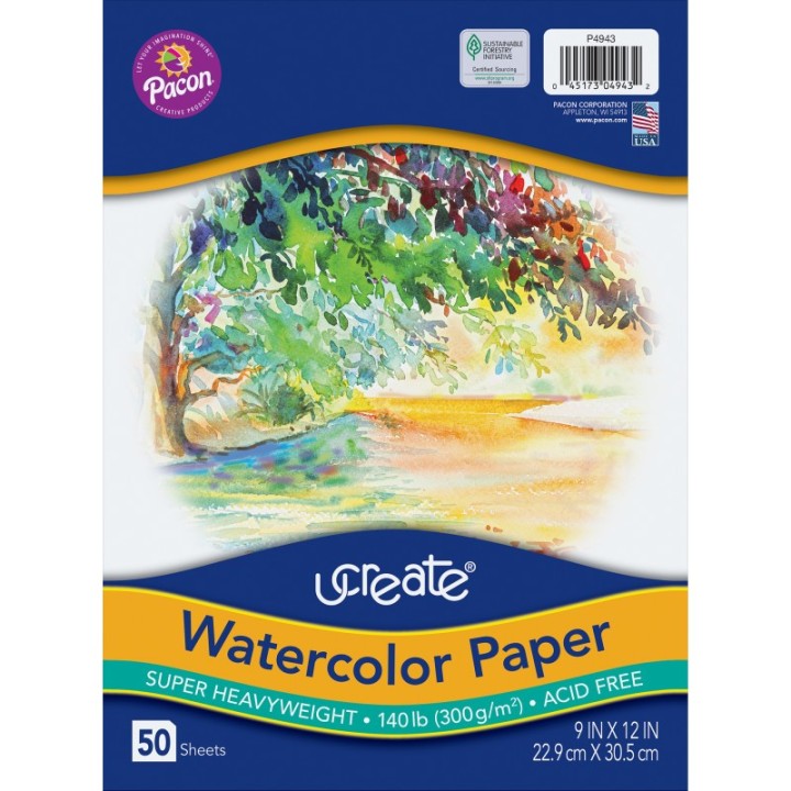 UCreate® Watercolor Paper, White, Package, 140 lb., 9" x 12", 50 Sheets
