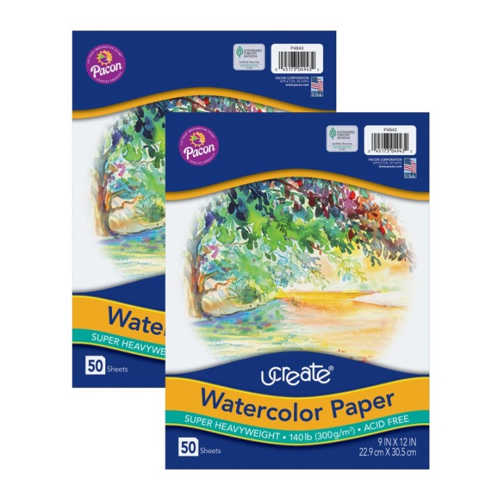 UCreate® Watercolor Paper, White, Package, 140 lb., 9" x 12", 50 Sheets Per Pack, 2 Packs