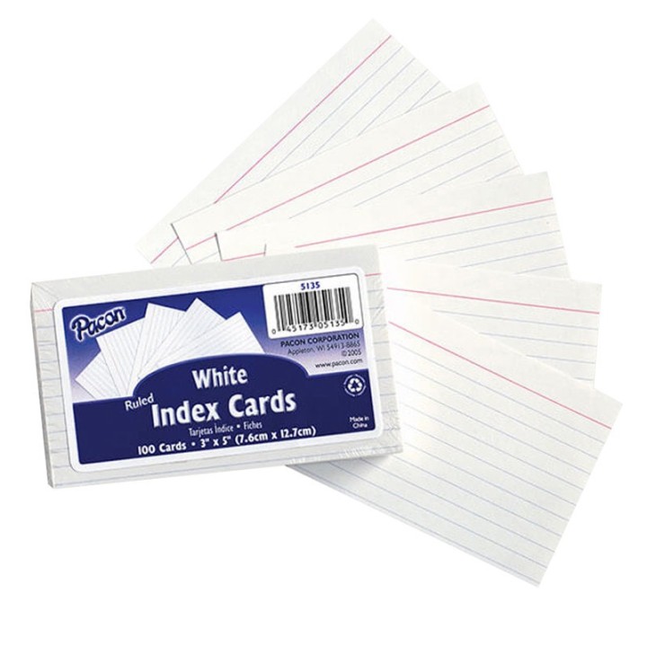 Pacon® Index Cards, White, Ruled, 1/4" Ruled 3" x 5", 100 Cards