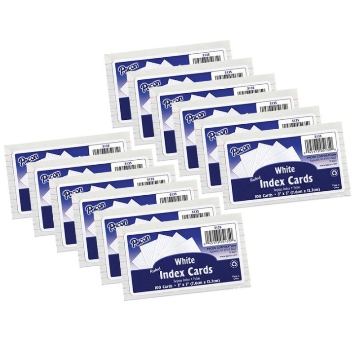 Pacon® Index Cards, White, Ruled, 1/4" Ruled 3" x 5", 100 Per Pack, 12 Packs