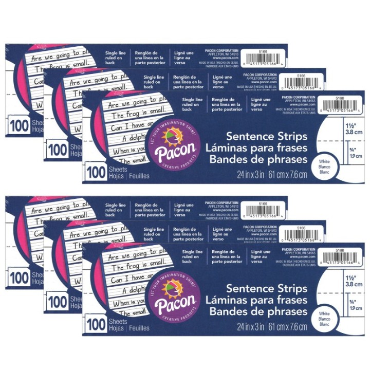 Pacon® Sentence Strips, White, 1-1/2" Ruled, 3" x 24", 100 Strips Per Pack, 6 Packs