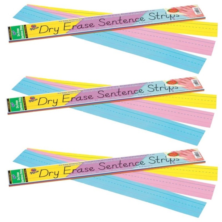 Pacon® Dry Erase Sentence Strips, 3 Assorted Colors, 1-1/2" X 3/4" Ruled, 3" x 24", 30 Per Pack, 3 Packs