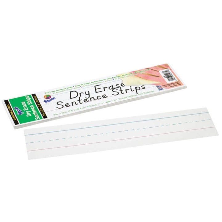 Pacon® Dry Erase Sentence Strips, White, 1-1/2" X 3/4" Ruled, 3" x 12", 30 Strips