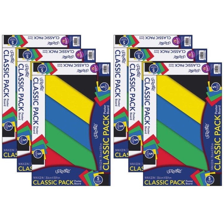 UCreate® Poster Board, 5 Assorted Primary Colors, 14" x 22", 5 Sheets Per Pack, 6 Packs