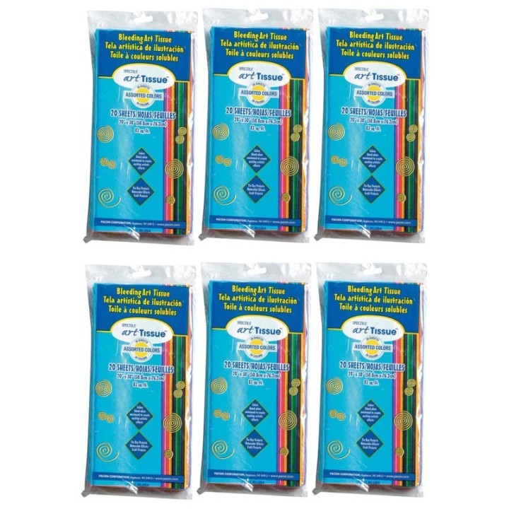 Spectra® Deluxe Bleeding Art Tissue, 20 Assorted Colors, 20" x 30", 20 Sheets Per Pack, 6 Packs