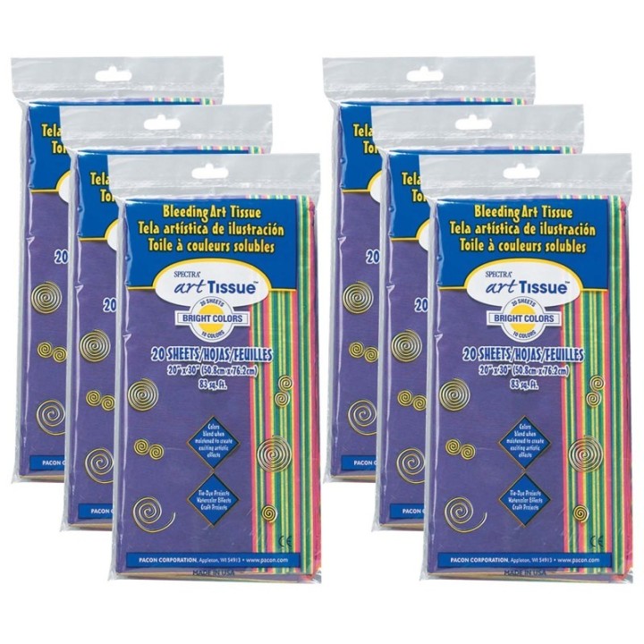 Spectra® Deluxe Bleeding Art Tissue, 10 Color Bright Assortment, 20" x 30", 20 Sheets Per Pack, 6 Packs