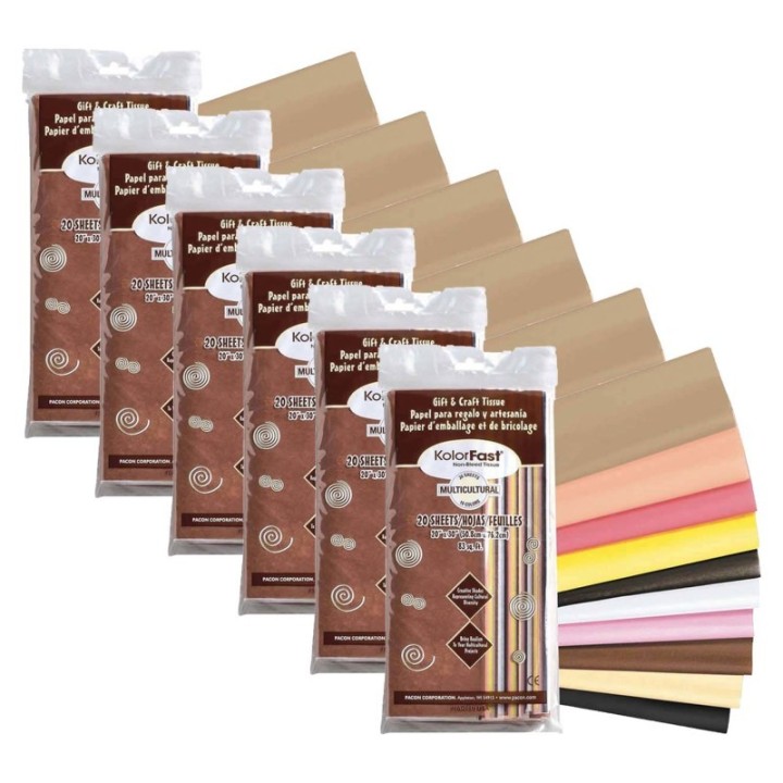 KolorFast® Multi-Cultural Tissue Assortment, 10 Assorted Colors, 20" x 30", 20 Sheets Per Pack, 6 Packs