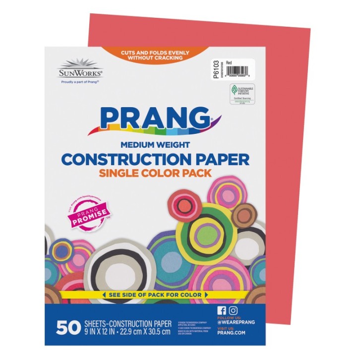 Prang® Construction Paper, Medium Weight, Red, 9" x 12", 50 Sheets