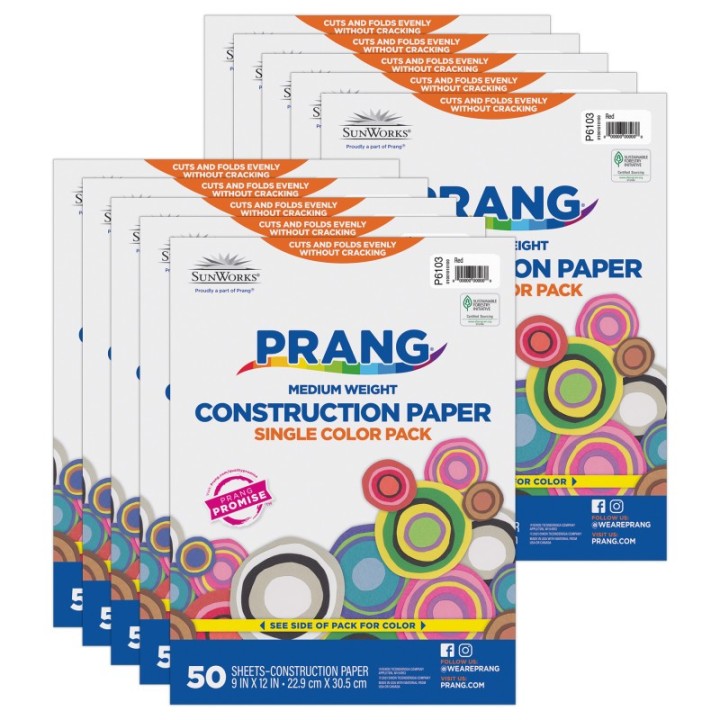 Prang® Construction Paper, Medium Weight, Red, 9" x 12", 50 Sheets Per Pack, 10 Packs