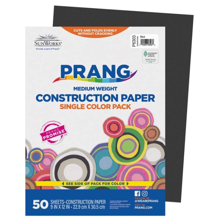 Prang® Construction Paper, Medium Weight, Black, 9" x 12", 50 Sheets