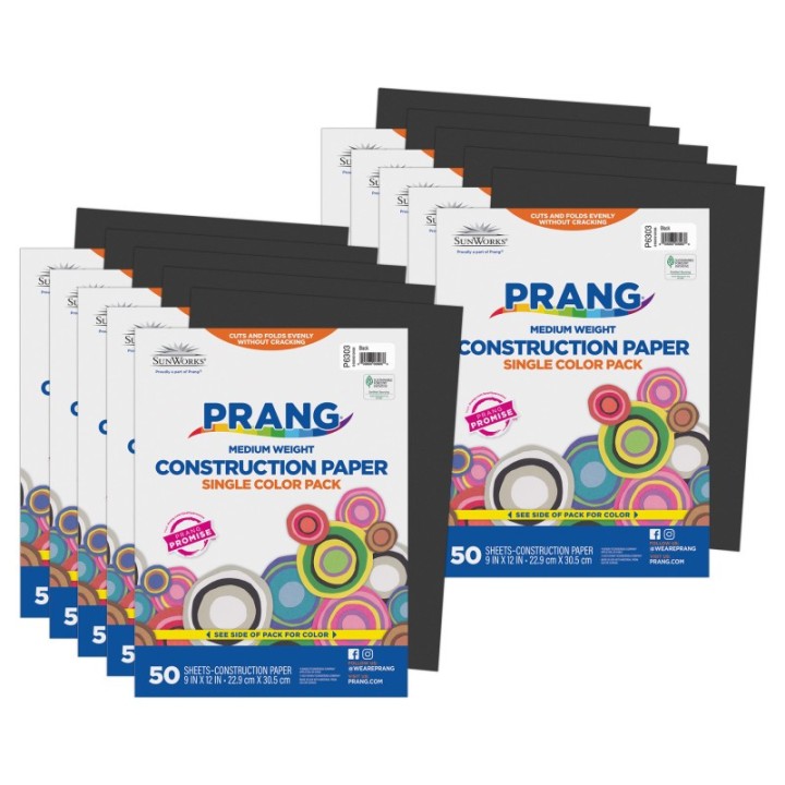 Prang® Construction Paper, Medium Weight, Black, 9" x 12", 50 Sheets Per Pack, 10 Packs