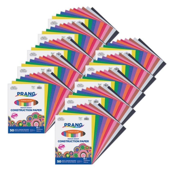 Prang® Construction Paper, Medium Weight, 10 Assorted Colors, 9" x 12", 50 Sheets Per Pack, 10 Packs