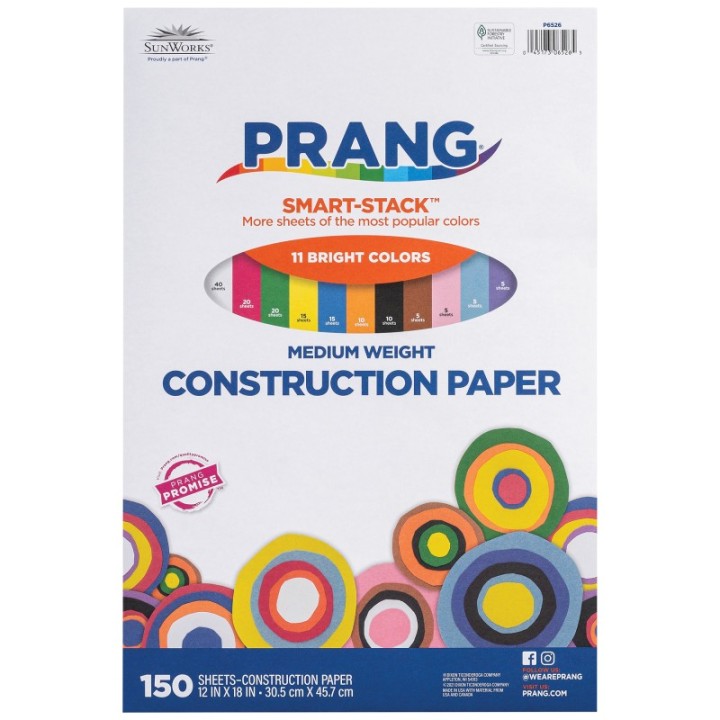 Prang® Smart Stack™ Construction Paper, Medium Weight, 11 Assorted Colors, 12" x 18", 150 Sheets