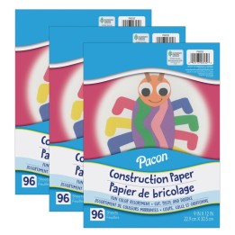 Pacon® Construction Paper, Lightweight, Assorted Colors, 9" x 12", 96 Sheets Per Pack, 3 Packs
