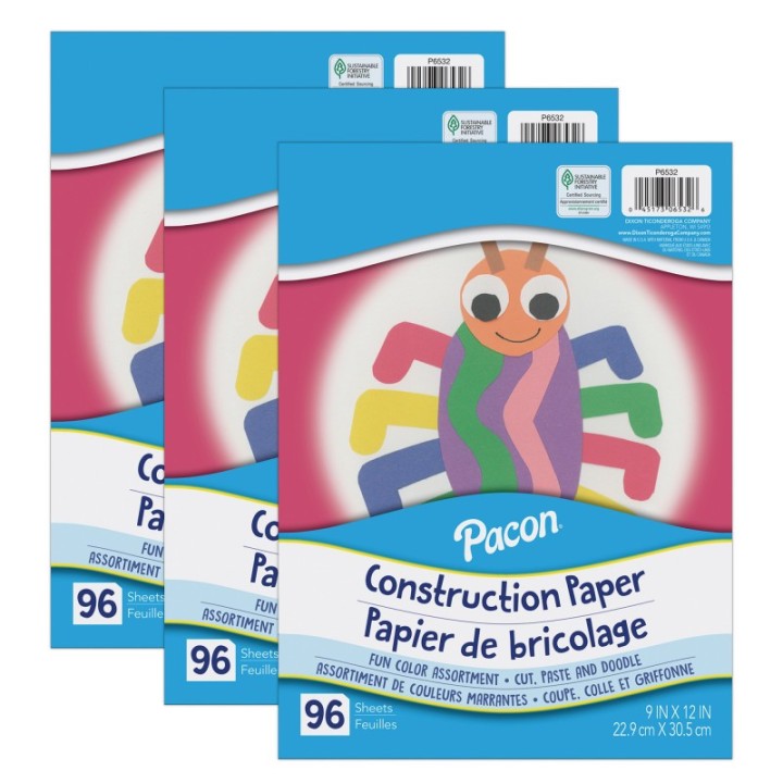 Pacon® Construction Paper, Lightweight, Assorted Colors, 9" x 12", 96 Sheets Per Pack, 3 Packs