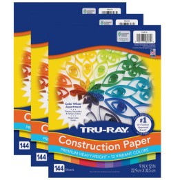 Tru-Ray® Construction Paper, Heavyweight, Color Wheel Assortment, 12 Vibrant Colors, 9" x 12", 144 Sheets Per Pack, 3 Packs