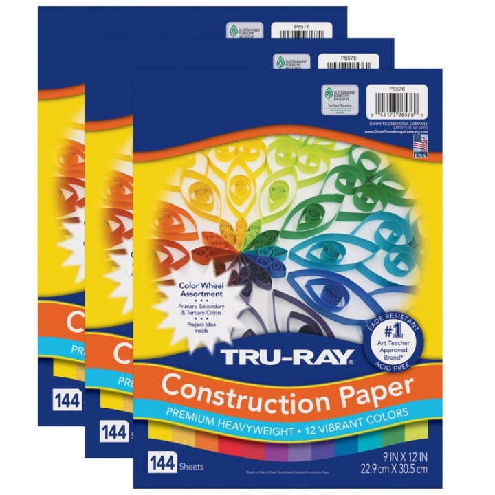 Tru-Ray® Construction Paper, Heavyweight, Color Wheel Assortment, 12 Vibrant Colors, 9" x 12", 144 Sheets Per Pack, 3 Packs