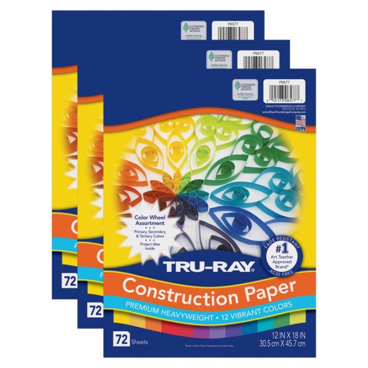 Tru-Ray® Construction Paper, Heavyweight, Color Wheel Assortment, 12 Vibrant Colors, 12" x 18", 72 Sheets Per Pack, 3 Packs