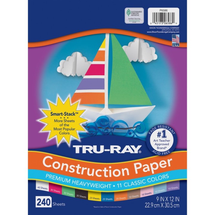 Tru-Ray® Construction Paper Smart-Stack, Heavyweight, 11 Classic Colors, 9" x 12", 240 Sheets