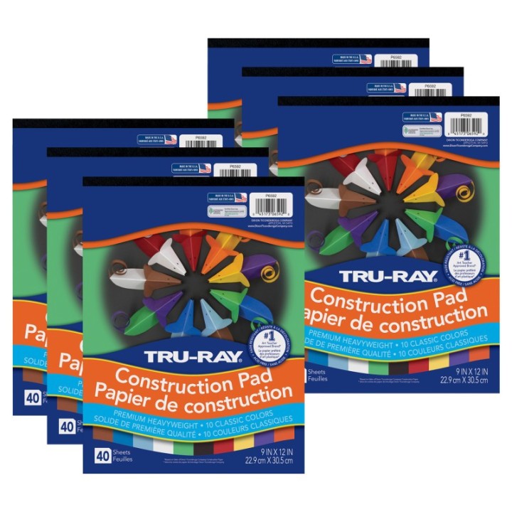 Tru-Ray® Construction Paper Pad, Heavyweight, 10 Classic Colors, 9" x 12", 40 Sheets, Pack of 6
