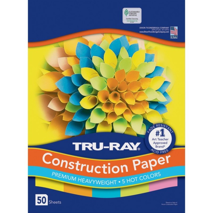 Tru-Ray® Construction Paper, Heavyweight, 5 Assorted Hot Colors, 9" x 12", 50 Sheets