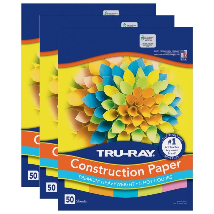 Tru-Ray® Construction Paper, Heavyweight, 5 Assorted Hot Colors, 12" x 18", 50 Sheets Per Pack, 3 Packs