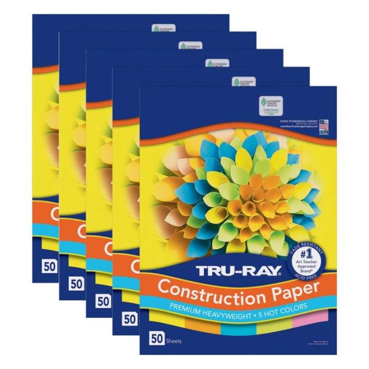 Tru-Ray® Construction Paper, Heavyweight, 5 Assorted Hot Colors, 12" x 18", 50 Sheets Per Pack, 5 Packs