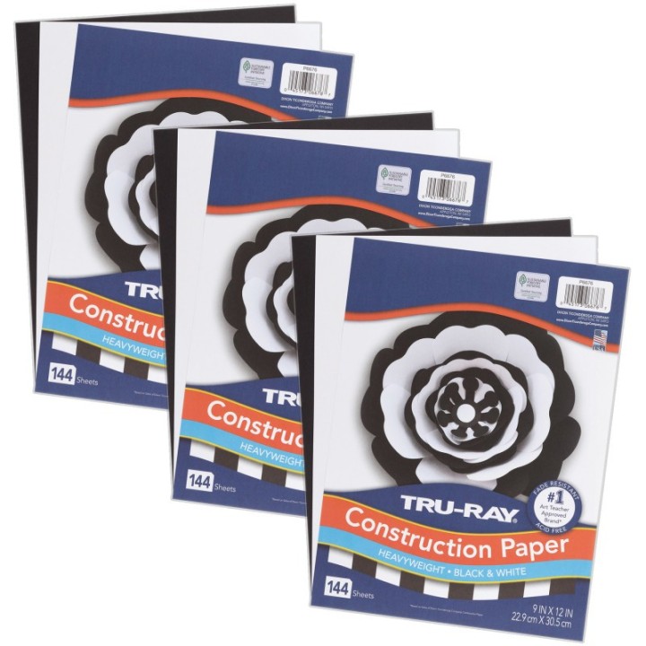 Tru-Ray® Premium Construction Paper, Heavyweight, Black & White, 9" x 12", 144 Sheets Per Pack, 3 Packs