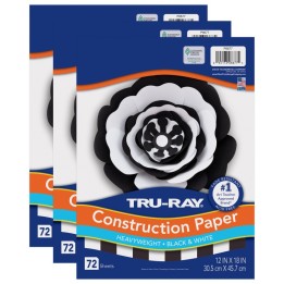 Tru-Ray® Premium Construction Paper, Heavyweight, Black & White, 12" x 18", 72 Sheets Per Pack, 3 Packs