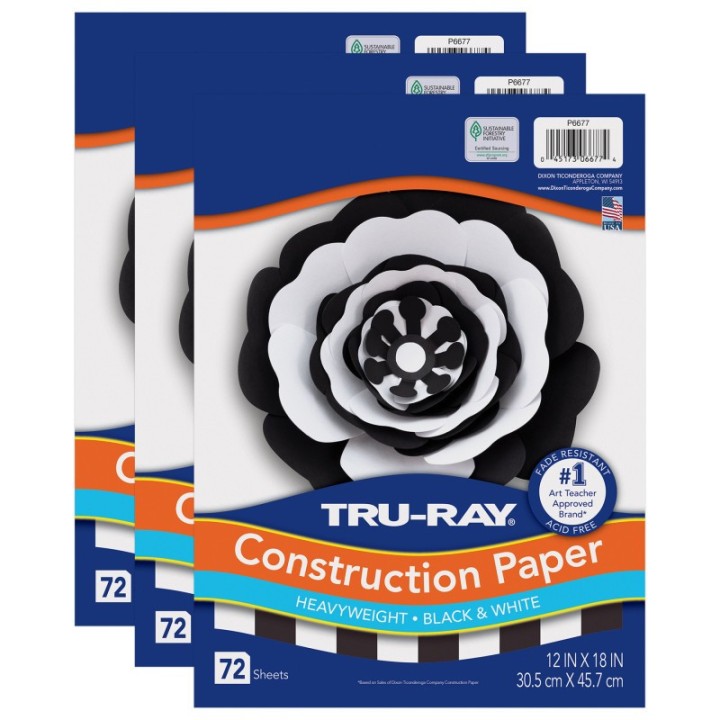 Tru-Ray® Premium Construction Paper, Heavyweight, Black & White, 12" x 18", 72 Sheets Per Pack, 3 Packs